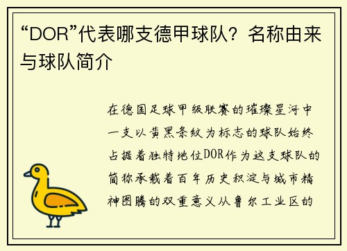 “DOR”代表哪支德甲球队？名称由来与球队简介